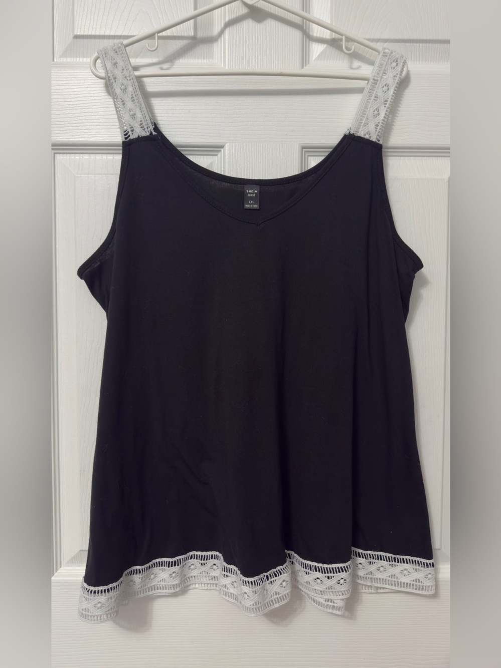 SHEIN Black Camisole with White Lace Straps and Hem